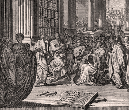 QUINTILIAN TEACHING AT ORATORY BOOT CAMP IN ROME Copper engraving by F. Bleyswyk 